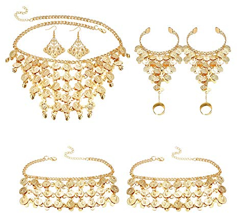 Kakonia KakoniaBauchtanz-Schmuckset für Frauen, Boho, Vintage-Münzen, Halskette und Ohrringe, Armbänder, Fußkettchen, Halloween-Tanzspielzubehör im indischen Stil Gold