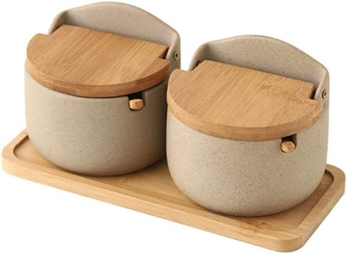 TOBILE Tarro de condimentos, Taza de Pimienta de cerámica con Tapa de Madera y Cuchara, salero, contenedor de Alimentos, Botella de azúcar, Caja de condimentos, Suministro de Cocina (Color : 2pcs)