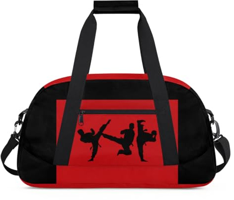 Sports Duffel Bag for Boys Martial Art Silhouette Black Red, Sports Gym Tote Workout Bag Named Rank Travel Overnight Training Bag
