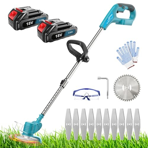 Akku-Rasentrimmer, Ersatz für Makita 18V DUR181Z, kompatibel mit Makita BL1830B Akku, mit 2x3000mAh Akku und Ladegerät,Verstellbarer Teleskop-Führungsholm, zum Gärten, Wiesen Trimmen und Gutshaus