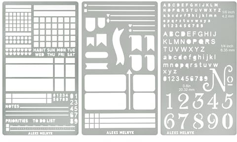 Aleks Melnyk No.486 Metallschablonen für Bullet Journaling, Lesezeichen, Planung, Linien, Planer, Gewohnheitstracker, Punkt-Journals-Schablone für Tagebuch, Vorlagen, winzige Buchstaben, kleine Zahl