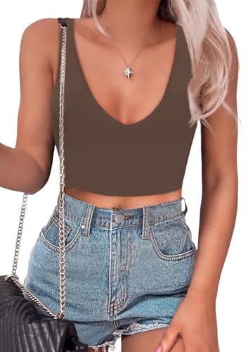 BEINF Canotta Donna Estiva Top Corto Sexy Collo V Profondo Senza Maniche Slim Fit Trendy Y2K Corsetto Ladies Tank Tops Canotte Basic Tops T Shirt caffè M