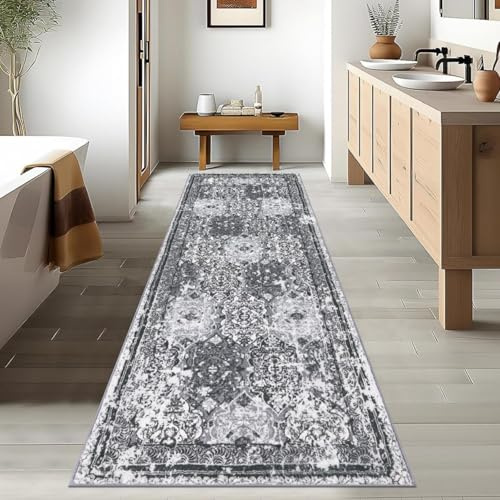 Enyhom Teppich Läufer 80 x 300cm Boho rutschfest Langer Vintage Boho Teppich Küche Hochwertig Läufer Flur Waschbar Flauschig Weich Läufer für Eingang Wohnzimmer, Dunkelgrau