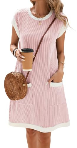 Famulily 2025 Summer Dresses for Women UK Casual Crewneck Cap Sleeve T-Shirt Dress Ladies Ribbed Beach Sundress Pink XL