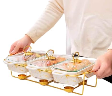 Chafing Dish Buffet Ceramics Chafing Dish Buffet Set 3 in 1-3x0.9 QT Chafing Dishes for Buffet - Warming Trays for Food - Chafers and Buffet Warmers Sets with Glass Lid