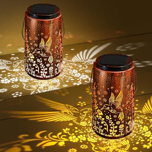 SHEDALED Solar Lanterns Outdoor 2Pack, Upgraded Amber & White Light Modes Adjustable, Metal Hanging Garden Solar Lights Decoration Waterproof, Bird Pattern Garden Ornaments Gifts for Women Mum Grandma