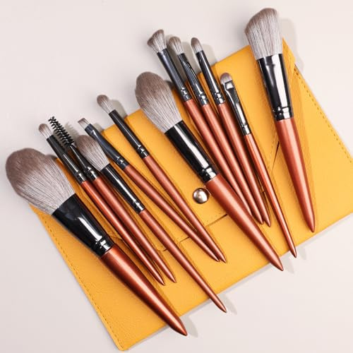 Nvzi Makeupborstset 12 st premium syntetiska foundation pulver concealers ögonskuggor rodna sminkborstar med orange förvaringsväska