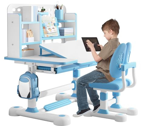 NYXIFYLO Kinderschreibtisch Höhenverstellbar, Schreibtisch Kinder mit Klappbarem Neigungswinkel, Kinderschreibtisch mit Bücherfach & Schublade, Tisch-Stuhl-Set (Blau)
