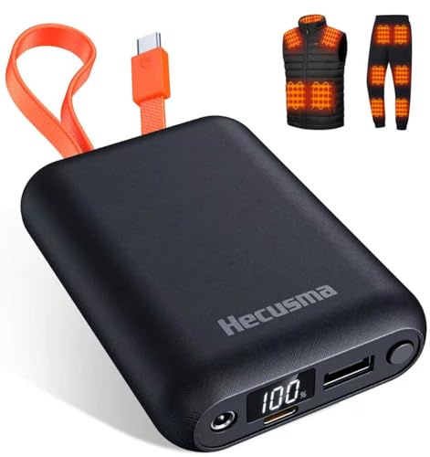 Batterie Externe pour Gilet Chauffant 7,4V 20000mAh, Batterie Veste Chauffante avec Câble USB-C Intégré, Power Bank Portable avec écran LED, 1 Port USB-C & A et DC, pour Gilet Chauffant Homme Femme