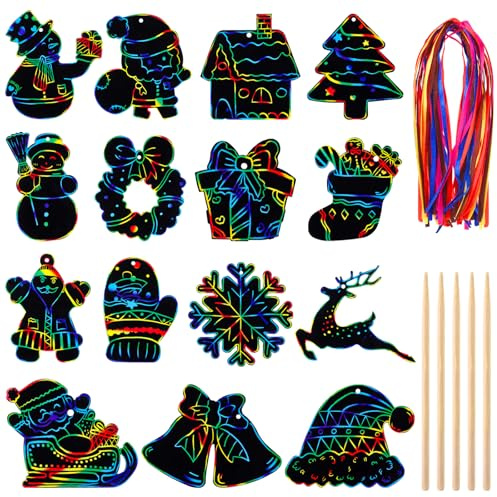 JOLCEEY 60 Stück Weihnachten Kratzbilder Set, Kratzpapier zum Basteln für Kinder Weihnachtsbaum DIY Regenbogen Magie Kratzpapier Ornamente für Weihnachtsdeko Geschenkanhänger Weihnachtsgeschenke