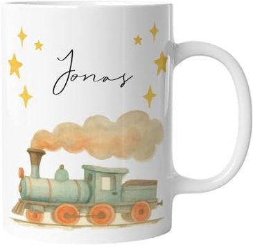 Tasse mit Namen | Dampflock, Zug | Personalisierte Kindertasse mit Fahrzeugen | Keramik für Kinder, Jungen & Mädchen – Geschenk, Kinderbecher, Namenstasse Aquarell wasserfarben