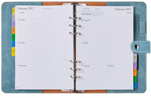 Kalender 2026 2027 A5 påfyllningsbar, mötesplanering/veckoplanerare ringbok med månadsregister, anteckningar, kontakt, PU-läder softcover, bokkalender, planerare arrangör med pennslinga, aug 2026 jul