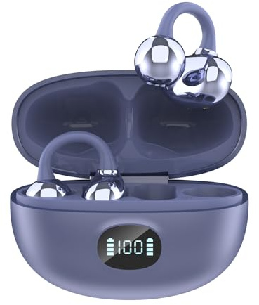 AZJLOOF Écouteurs Bluetooth sans Fil, Open-Ear avec Clip, Léger et Stable Seulement 4.5g, Suppression du Bruit, iOS & Android, IP57, Affichage LED, pour Voyage/Deporte/Études/Running Sport