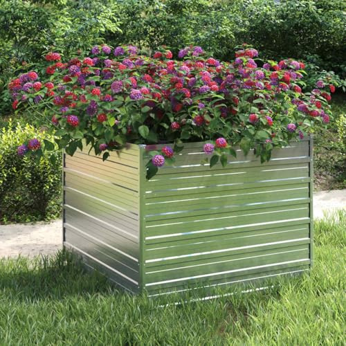 Aiuola rialzata da giardino in acciaio zincato, 100 x 100 x 77 cm, colore argento, per piante, verdure, erbe, fiori, terrazze, balcone, giardino, robusta fioriera con fondo aperto per un ottimale