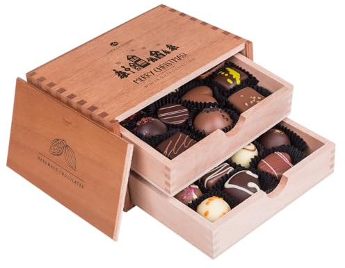 CHOCOLISSIMO Schokolade Geschenk - 20 handgefertigte Weihnachtspralinen im Holzkästchen, Pralinen, Weihnachtsschokolade, Geschenk Nikolaus, Advent, Weihnachten, für Männer, Frauen - Merry Chocolaterie