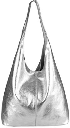 OBC Made IN Italy Damen Leder Hand-Tasche METALLIC Shopper Schultertasche Hobo-Bag Henkeltasche Beuteltasche Silber