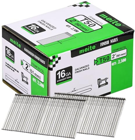 meite 16 Gauge Finish Nails, 2-Inch Galvanized 16GA Finish Nails, Small Straight Finishing Nail, Ideal for Woodworking, Upholstery, and Framing Projects (2,500 Counts)