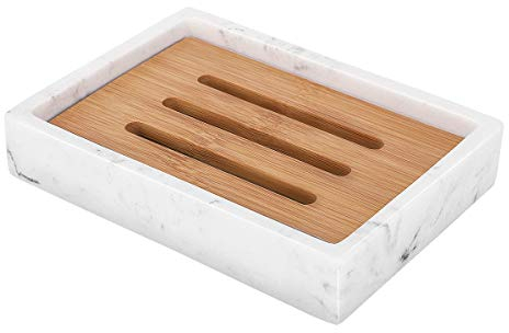 Luxspire Seifenschale mit Bambushalter, Glänzend und Elegant Rechteckig Seifenhalter aus Harz und Marmor, Schnell Trockend Seifenbox Seifenablage Gehäuse für Küche, Bad, Dusche - Kies Weiß