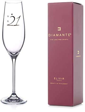 DIAMANTE Swarovski 21st Birthday Champagne Flute – Single Crystal Champagne Glass with Platinum 21 Embossed and Swarovski Crystals – Gift Boxed