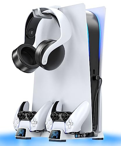 OIVO PS5 Ständer mit 3 stufig Lüfter und PS5 Controller Ladestation, Mini PS5 Standfuß mit Headset Halter/PS5 Lüfter PS5 Kühler, PS5 Halterung für PlayStation 5 Zubehör