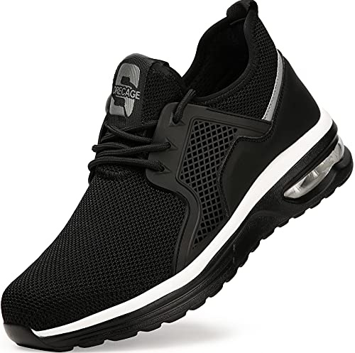 DRECAGE Safety Shoes with Steel Toe, Puncture-Proof & Shock-Absorbing Safety Shoes Trainers Mens Womens Work Boots Lightweight & Non-Slip 2096 Blackwhite 11 UK 45 EU 275 A