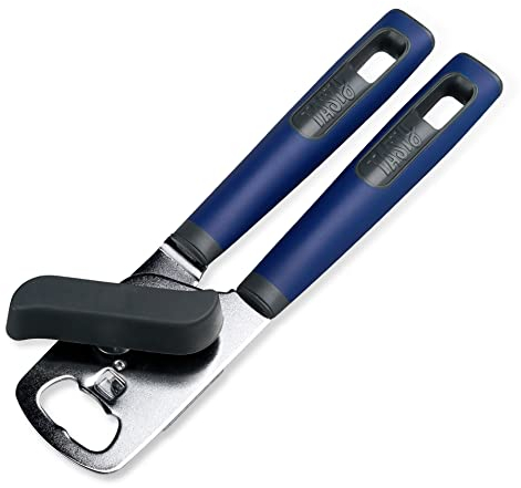 Tasty Everyday 2 in 1 Can Opener with Built-in Bottle Opener, Metal Can and Jar Opener, Kitchen Utensil, Robust Tin Opener with Sturdy and Soft-Touch Handles, Colour: Dark Blue, Grey & Silver