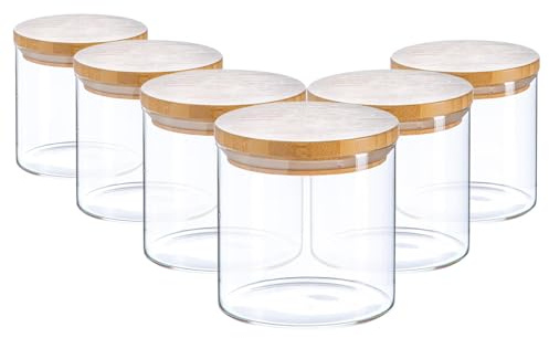 Argon Tableware Scandi Storage Jars with Wooden Lids - 550ml - 6 Pack - Modern Round Organisation Container Glass Jar for Kitchens, Pantry, Bathrooms, Utility Rooms