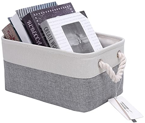 CREADARD Fabric Storage Basket, Foldable Linen Storage Box for Nursery and Home, Collapsible Canvas Shelf Basket for Wardrobe or Bedroom, Grey and White
