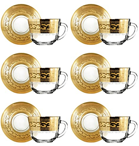 Elegant Tea Set for Adults for 6 People Modern Yellow Gold Decor Ornament/Tea Cups and Saucers - 6pcs/ Luxury Gift Set for Women, Men, Mum, Grandma, Nan, Birthday, Wedding (Gold Classic Deocr)