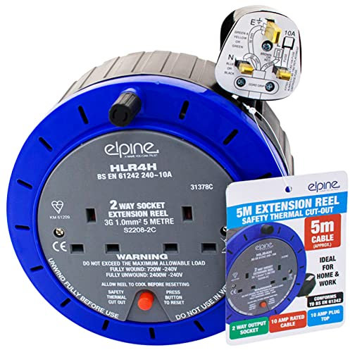 NTI 5M ELPINE | 2 Way Cable Extension Reel Heavy Duty Lead Gang Mains Electrical SOCKETS Home Office Work Industrial DIY Safety Thermal Cut-Out Reset Button UK Free P&P, Blue & Grey (5M_ELPINE_Lead)