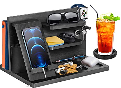 Multifonctionnel Organisateur de Bureau et Station de Recharge en Bois Cadeau Homme Organisateur Crochets pour clés Montres avec dessous de verre Cadeaux pour Hommes Noël Anniversaire Mari Femme père