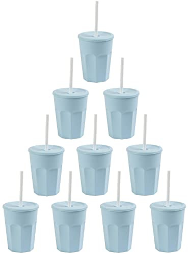 Engelland 10 x Kunststoffbecher mit Deckel & Strohhalm, Trinkbecher, Plastikbecher, 0,25 L, Farbe: Hellblau