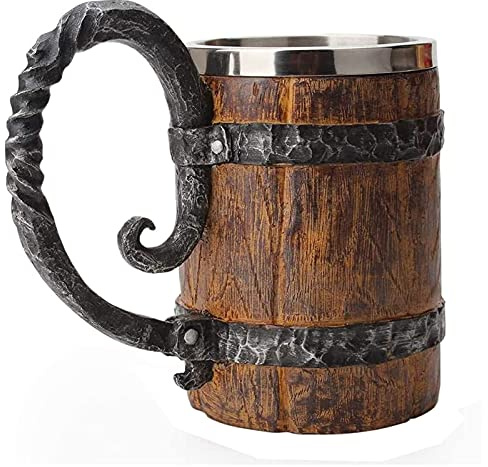 Toparad Wooden Barrel Beer Mug, Bucket Shaped Whiskey Cup Drinkware with Handle, Stainless Steel Double Wall Cocktail Mug for Bar Restaurant, Vintage Bar Accessories (18 OZ)