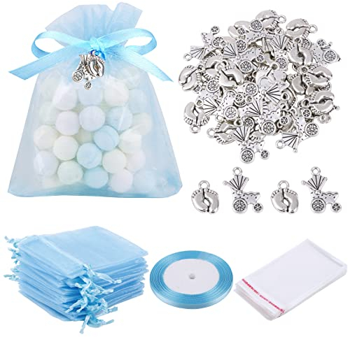 50pcs Bolsa Pequeña Organza Azul Bolsa Regalo Baby Shower con Colgante Cochecito Huella y Bolsa Plástica para Dulces Galletas Bombones Recuerdo Detalle de Fiesta Bautizo Comunión Cumpleaños Infantil