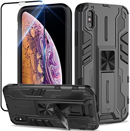 Btstring Hülle für iPhone XS Max mit Panzer Schutz Glas, Militär Standard Cover Case Standfunktion Handy Hüllen- Schwarz