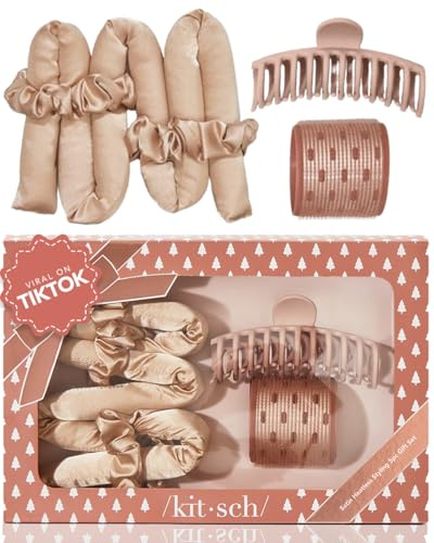 Kitsch Juego de 5 piezas de satén sin calor, rodillo térmico de cerámica para el cabello y clip de garra, accesorios de peinado