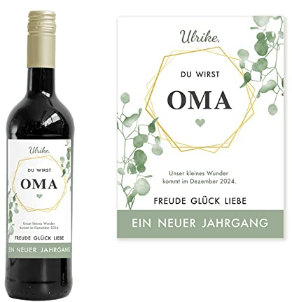 Mimi und Anton Personalisiertes Flaschenetikett OMA | Großmutter | Weinlabel Du wirst Oma | 9x12 cm | Schwangerschaft verkünden | Weinetikett Geburt | Serie Eukalyptus