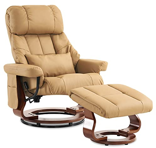 M MCombo Massagesessel mit Hocker, 360° drehbarer Relaxsessel mit Liegefunktion, moderner TV-Sessel Fernsehsessel mit Seitentasche für Wohnzimmer, Kunstleder, 9068 (Gelbbeige)