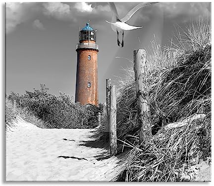 Leuchtturm mit Möwe an Strandweg Herdabdeckplatte & Spritzschutz aus Echtglas | Für Herd-Kochfelder | 60x52 cm