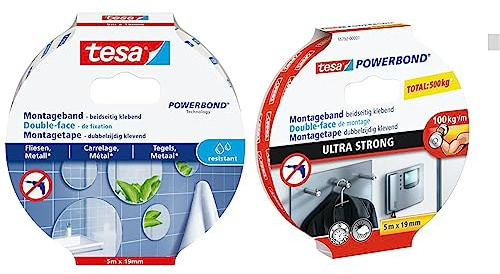 tesa Powerbond Montageband für Fliesen & Metall, feuchtraumbeständig & Powerbond Ultra strong - Doppelseitiges, extra starkes Montageband zur permanenten Befestigung im Außen- und Innenbereich