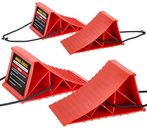 PAHTTO Wheel Chocks, 4Pack Heavy Duty Wheel Chocks with Rope for Easy Removal, Durable, Non-Slip, Hard Plastic Wheel Chocks for, RV, Camper, Effective in Keeping Your Vehicle in Place, Red