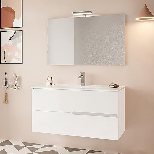 Mobile Bagno sospeso 100 cm Bianco Lucido in Legno con 2 cassetti Soft-Close, lavabo in Ceramica e Specchio Reversibile 100x60 LED, Eva