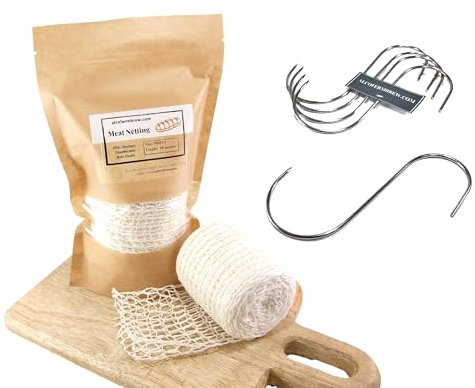 Rete Elastica per la Carne 10mts + S Ganci per Carne x 5 - Rete per Arrosti, Ganci per pesce e carne di affumicatura (200mm/10mts + Ganci per Carne x 5)