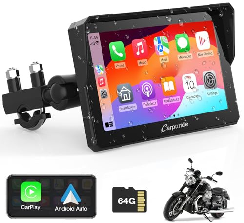 Carpuride W702 for Motorcycle, 7 inch Waterproof Touchscreen, Portable Carplay/Android Auto GPS Navigation for Motorbike, Support Dual Bluetooth, Car GPS, Siri, G00gle Assistant, TF-64G