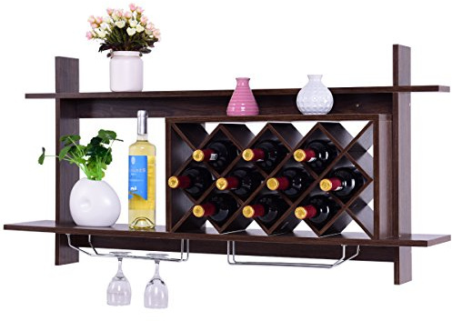 COSTWAY Mensola per Vino da Parete, Scaffale da Parete per Vino con Ripiani, Portabottiglie da Parete in Legno (Nero)
