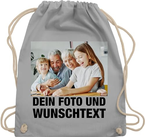 Turnbeutel Rucksack - Mit Foto I Eigenem Bild I Text I Name I Wunschtext - Unisize - Hellgrau - sportbeutel und kita wechselkleidung beutel selbst drucken photo stoffbeutel