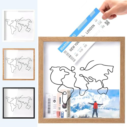 Abenteuer-Archivbox,Reise-Sammelbox,Ticket-Schattenbox,Bilderrahmen Spardose Wandbehang,Ticket Schattenbox Adventure Archive Box Tischdekoration,Holzrahmen Reisetickets Box (30*30cm,Holzfarbe)