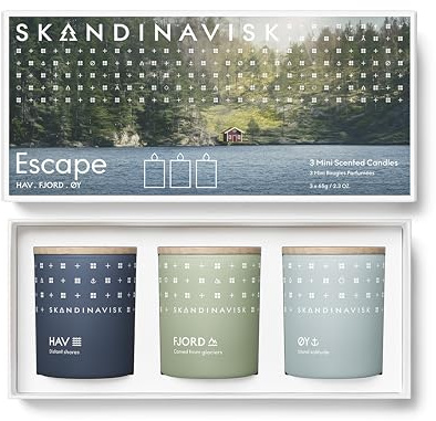 Skandinavisk - Flyktgåvoset med 3 mini doftljus. Fjord, ØY 'Island' och HAV 'Sea' vegansk formel. 3 x 65 g
