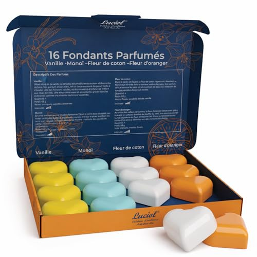 Fondant parfumé pour bruleur (Pack de 16) - Cire parfumée pour bruleur- 4 Parfums : Vanille, Monoï, Fleur de Coton, Fleur d'Oranger - Idéal pour bougie chauffe plat, brule parfum et bruleur électrique
