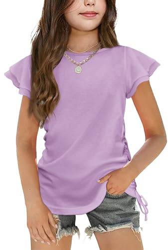 Arshiner Maglietta Bambina Top in Cotone Viola Maglietta Slim per Bambini Girocollo Manica Corta con Coulisse 11-12 Anni
